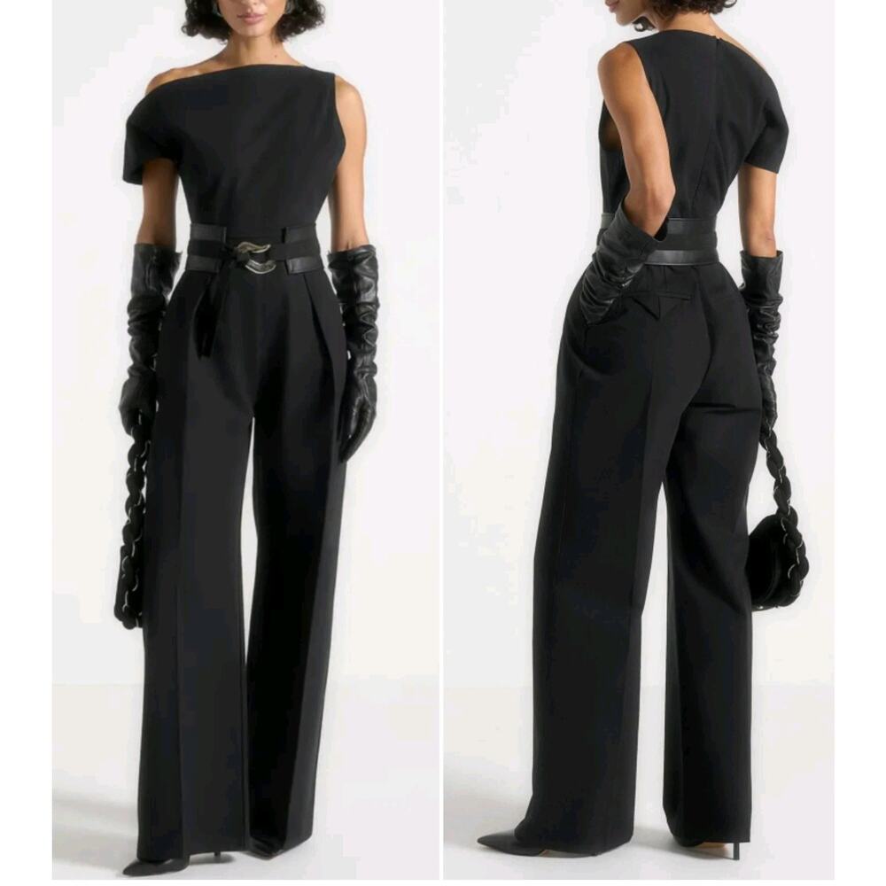 NEW Maniere De Voir Valerie $270 Black Wide Leg Asymmetric Jumpsuit US 12/UK 16